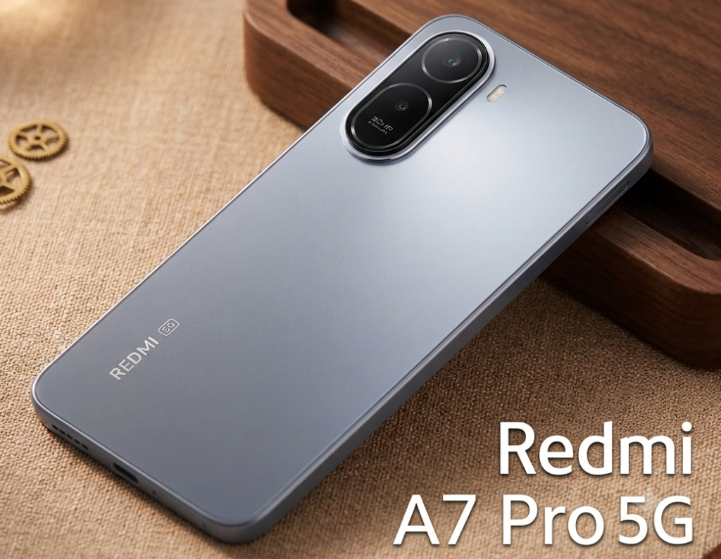 Redmi A7 Pro 5G smartphone resting on a brown woven texture with wooden docking stand, showing the silver-gray back panel and 30MP AI camera with Redmi A7 Pro 5G text.