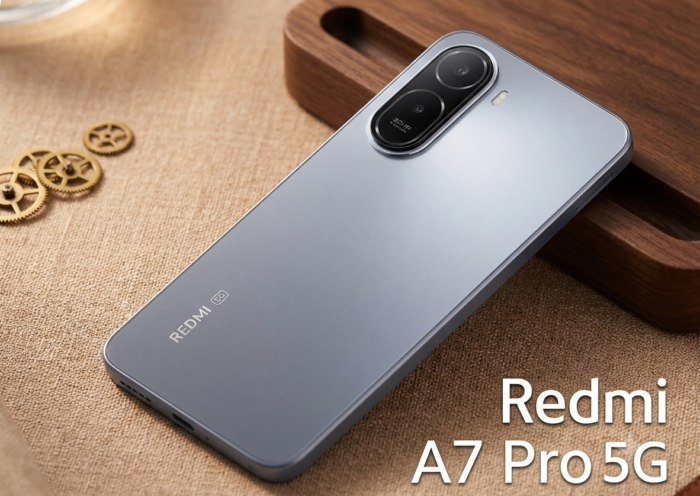 A silver Redmi A7 Pro 5G smartphone on a wooden stand and jute texture, highlighting the 30MP AI camera and branding.
