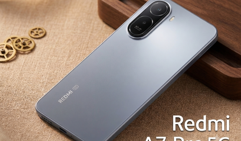 A silver Redmi A7 Pro 5G smartphone on a wooden stand and jute texture, highlighting the 30MP AI camera and branding.