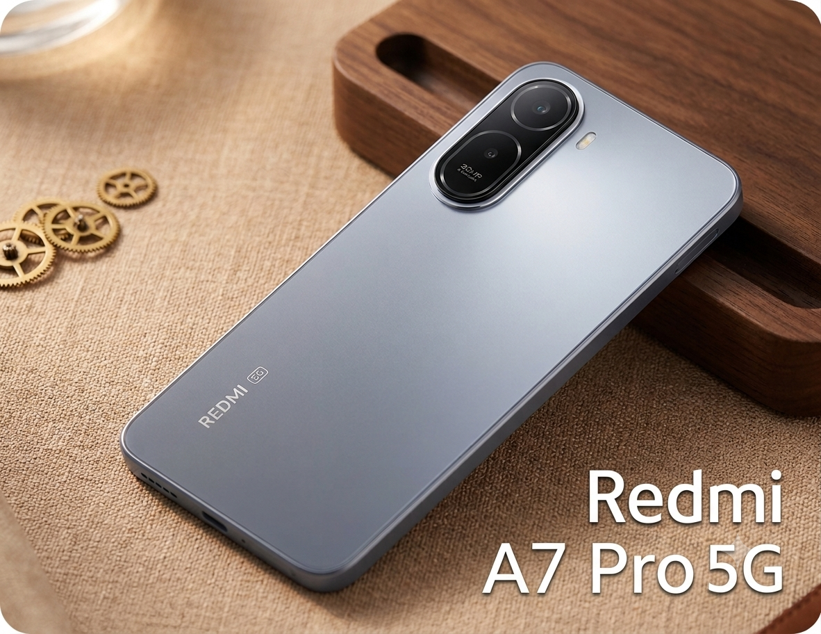 A silver Redmi A7 Pro 5G smartphone on a wooden stand and jute texture, highlighting the 30MP AI camera and branding.