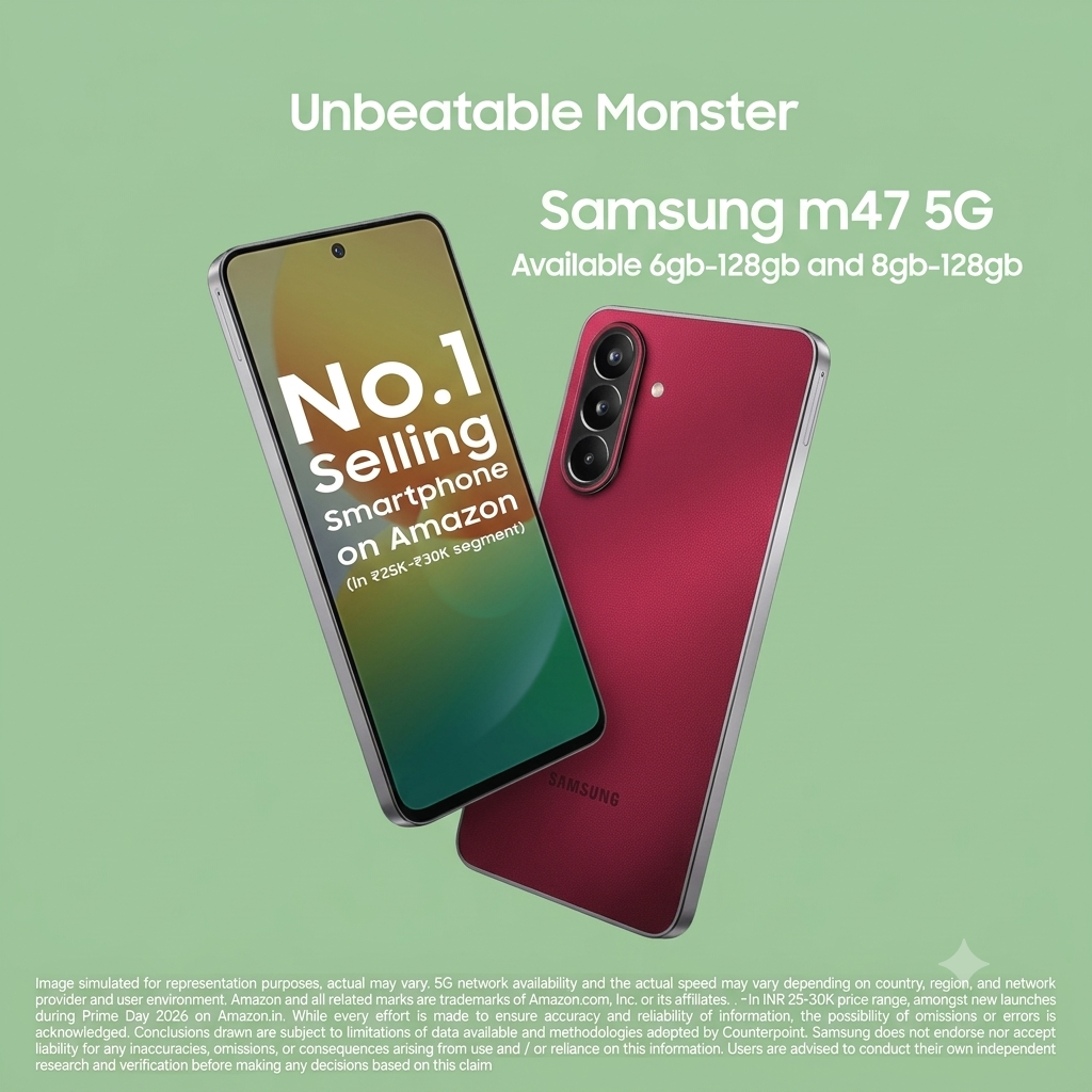 Samsung M47 5G smartphone showing front AMOLED display and red back panel with triple camera setup titled Unbeatable Monster.