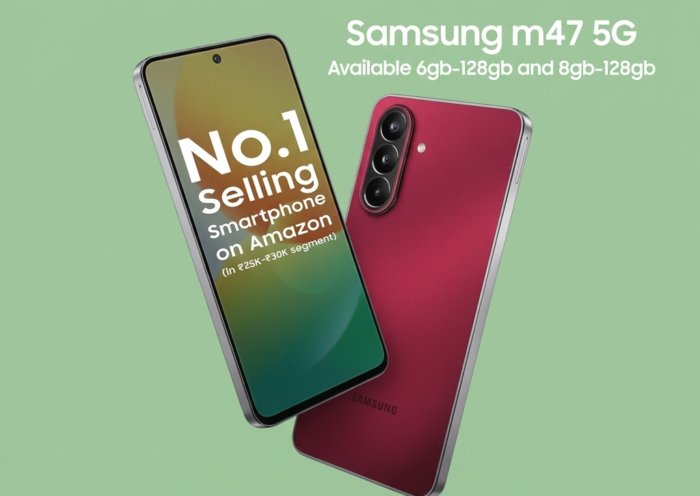 Samsung Galaxy M47 5G smartphones in green and deep red colors, titled Unbeatable Monster, highlighting it as the No.1 Selling Smartphone on Amazon in the ₹25K-₹30K segment.
