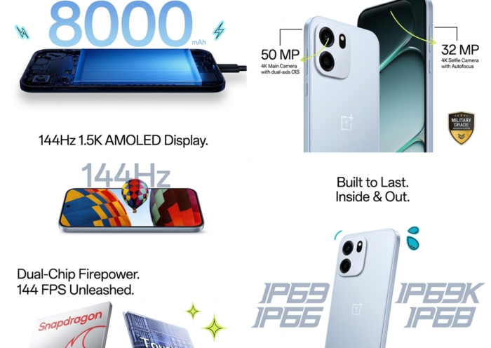OnePlus Nord CE6 smartphone specifications infographic on a pure white background, showcasing key features like 8000mAh battery, 50MP dual rear camera, 32MP selfie camera, 144Hz 1.5K AMOLED display, Snapdragon 7s Gen 4 dual-chip performance, and IP69/IP68 water resistance ratings.