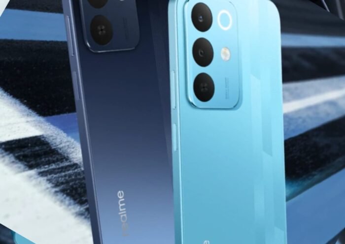 Realme Narzo 90x 5G smartphone showing its 144Hz display and rear camera design in Flash Blue color