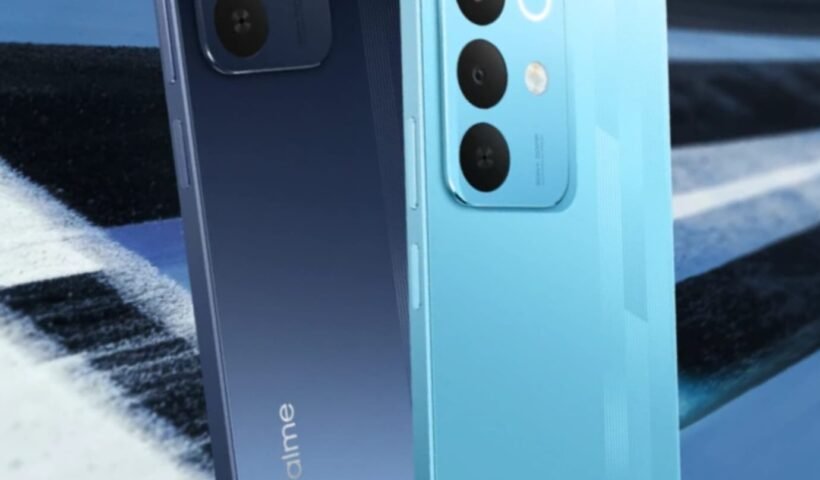 Realme Narzo 90x 5G smartphone showing its 144Hz display and rear camera design in Flash Blue color