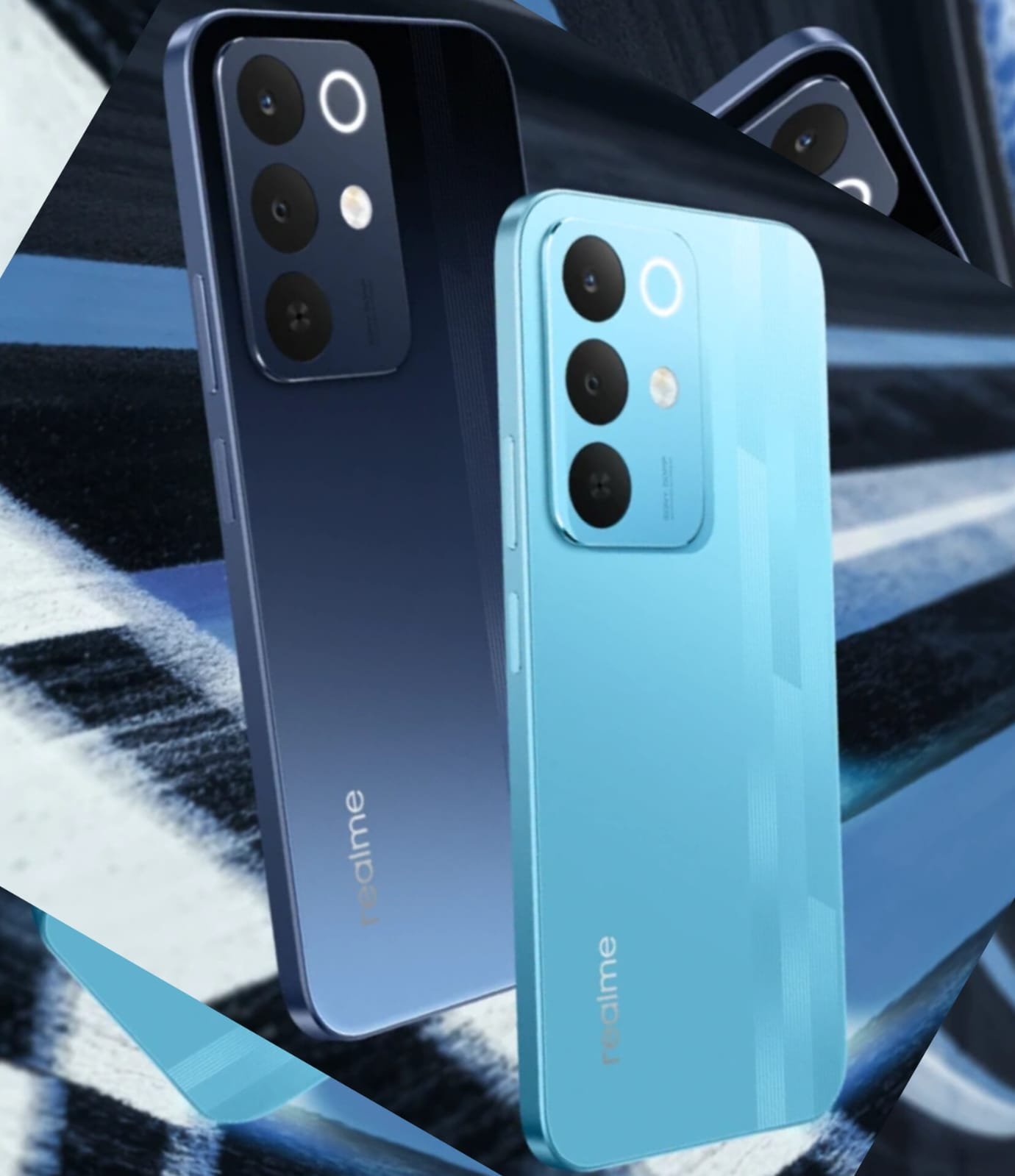 Realme Narzo 90x 5G smartphone showing its 144Hz display and rear camera design in Flash Blue color