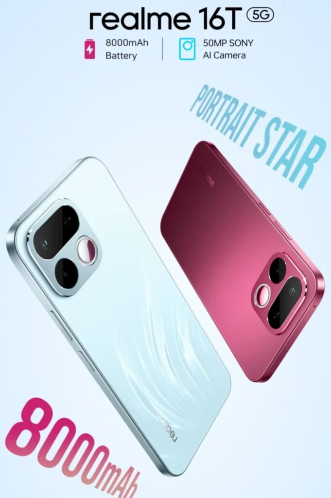 realme 16t 5g 8000mAh titan battery and 45W supervooc fast charging badge