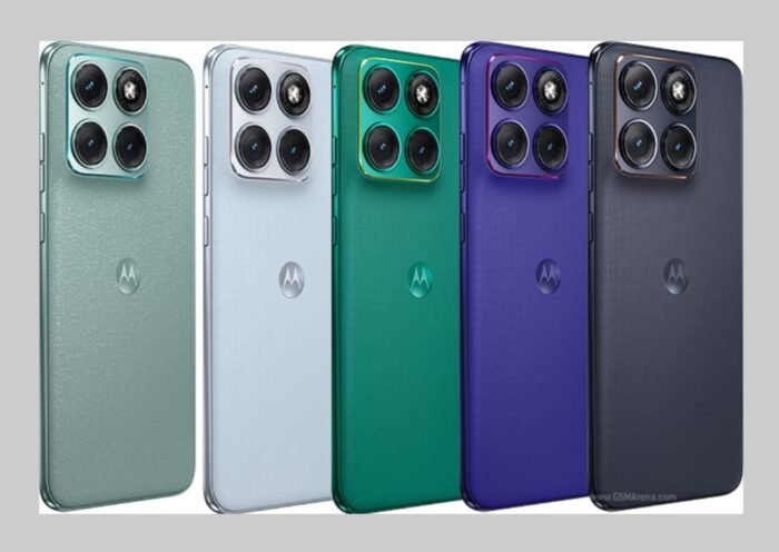 Motorola Edge 70 Fusion 5G smartphone in Pantone Country Air color with curved AMOLED display and dual camera setup.
