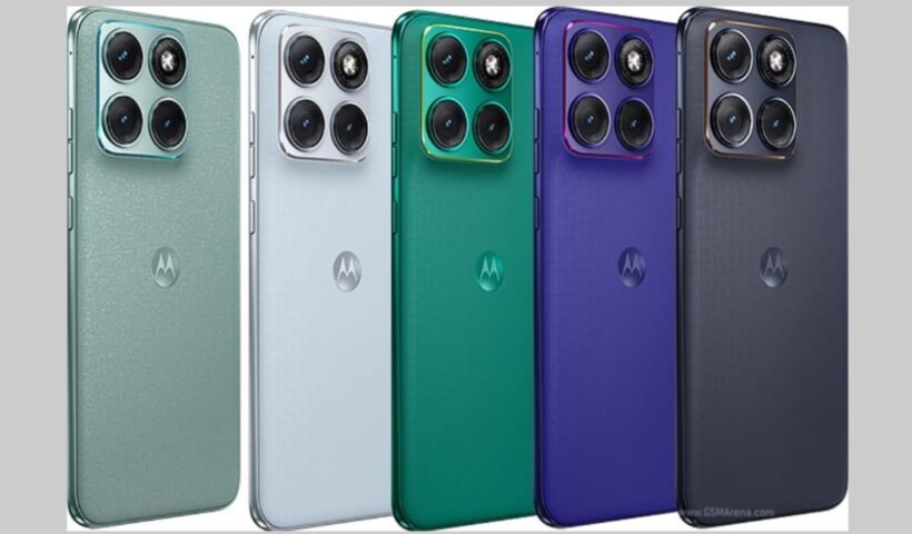 Motorola Edge 70 Fusion 5G smartphone in Pantone Country Air color with curved AMOLED display and dual camera setup.