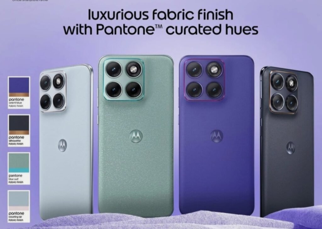 Motorola Edge 70 Fusion 5G smartphone in Pantone Country Air color with curved AMOLED display and dual camera setup.
