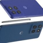 Motorola Edge 60 Stylus 5G smartphone with built-in stylus and vegan leather back in Pantone color