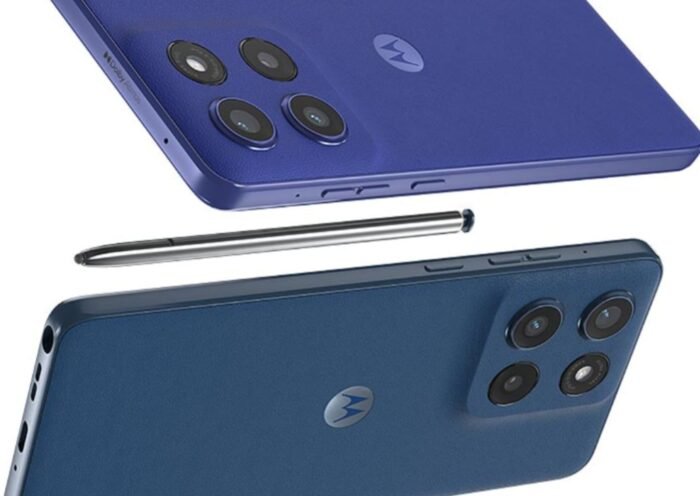 Motorola Edge 60 Stylus 5G smartphone with built-in stylus and vegan leather back in Pantone color