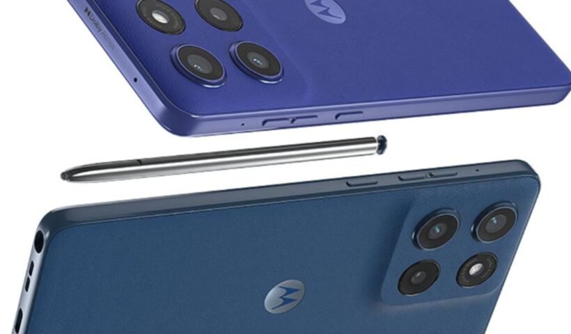 Motorola Edge 60 Stylus 5G smartphone with built-in stylus and vegan leather back in Pantone color