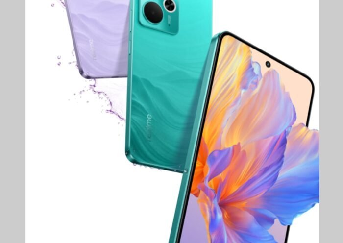 Front and back view of the Realme 14T 5G smartphone showing its sleek design and camera module.