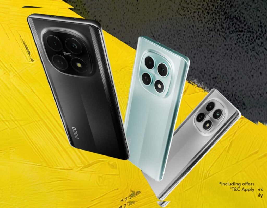 POCO M8 5G smartphone displaying a colorful wallpaper on its 6.77-inch 3D Curved Flow AMOLED screen.