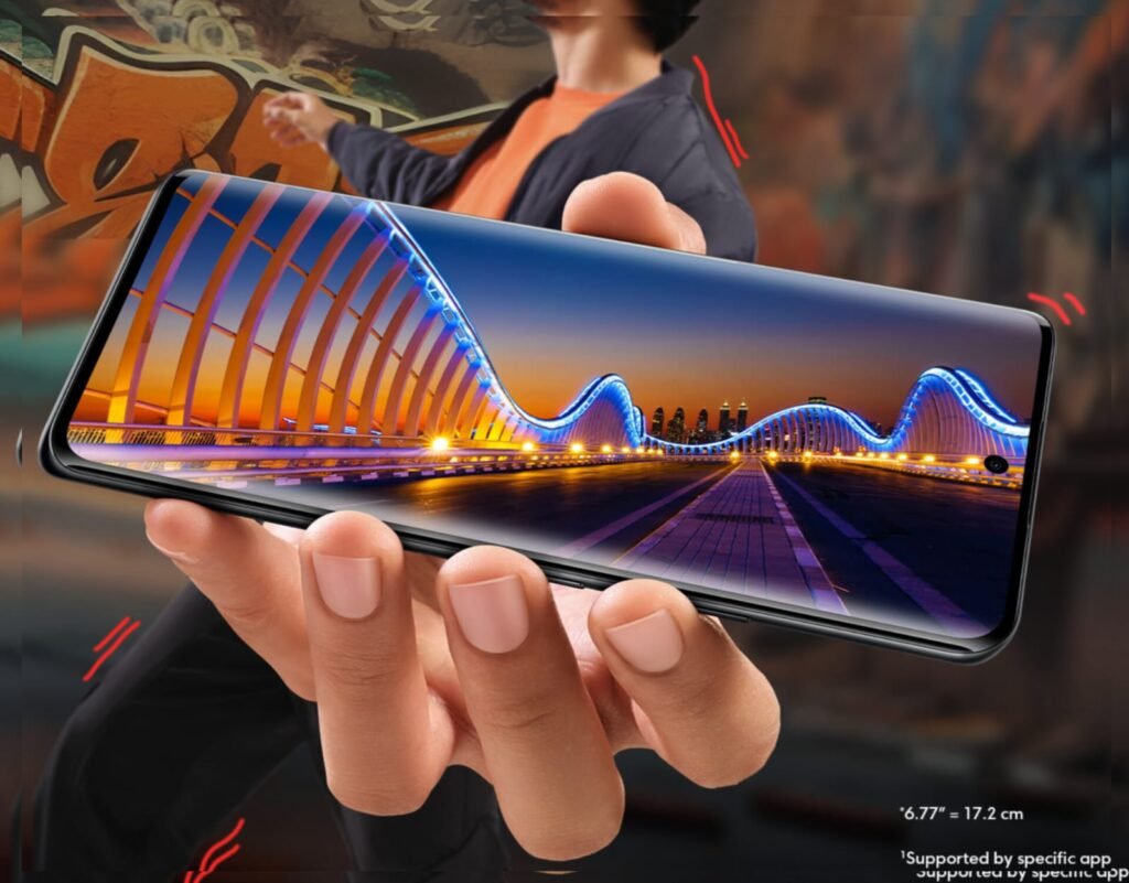 POCO M8 5G smartphone displaying a colorful wallpaper on its 6.77-inch 3D Curved Flow AMOLED screen.