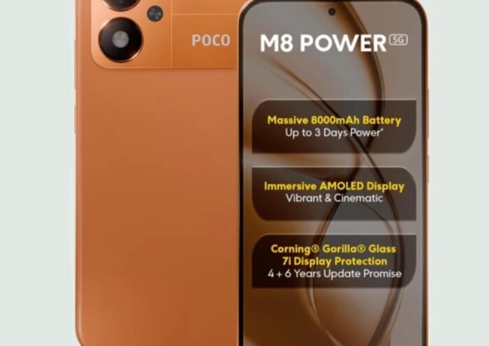 Front and back view of POCO M8 Power 5G showing 6.99-inch AMOLED display and 8000mAh battery design