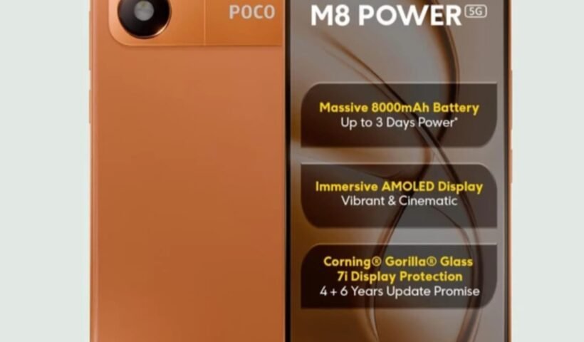 Front and back view of POCO M8 Power 5G showing 6.99-inch AMOLED display and 8000mAh battery design