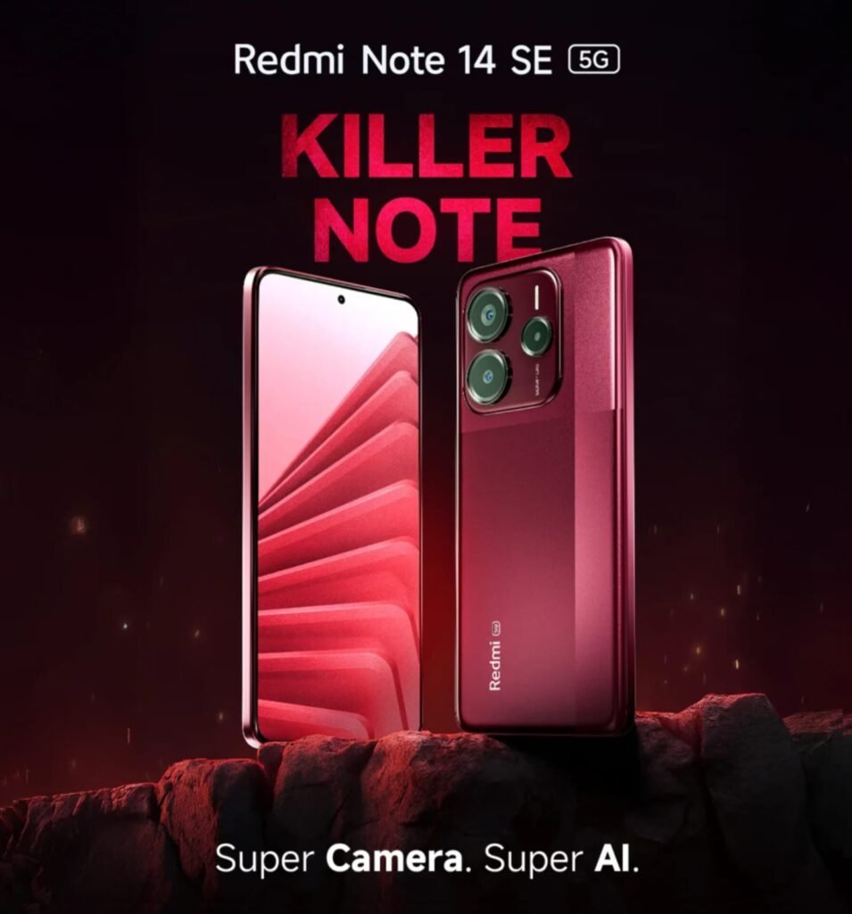 Redmi Note 14 SE 5G smartphone showcasing 6.67-inch 120Hz AMOLED display and 50MP Sony OIS triple camera