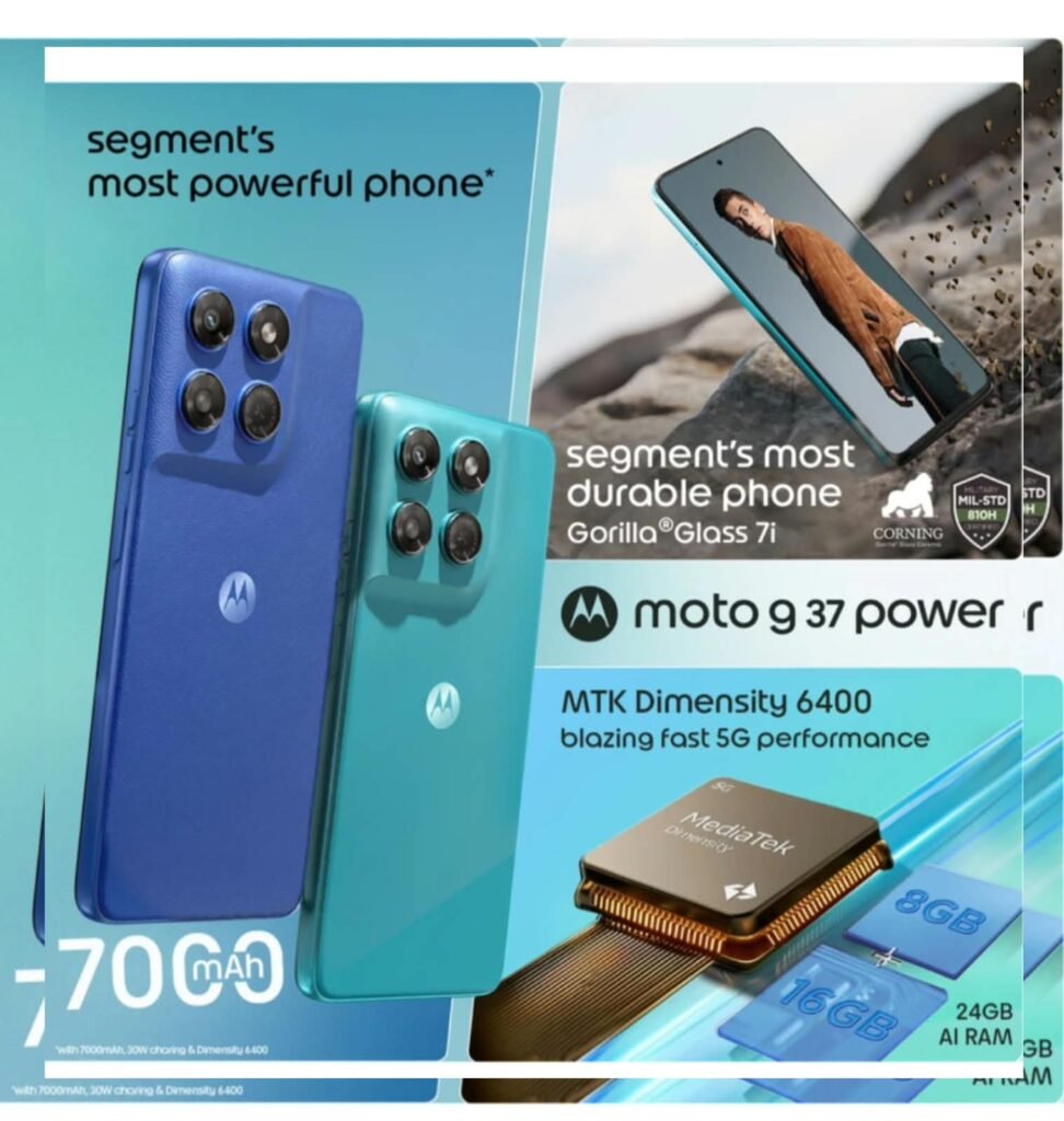 Motorola Moto G37 Power 5G smartphone banner image showing front and back design