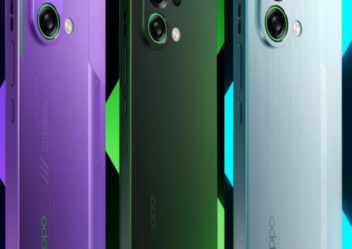 OPPO K13 Turbo 5G gaming smartphone front and back view showing design and display