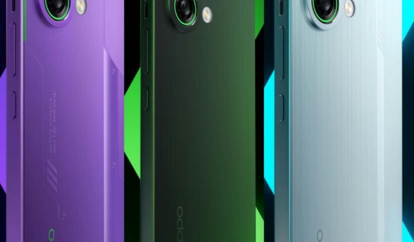 OPPO K13 Turbo 5G gaming smartphone front and back view showing design and display