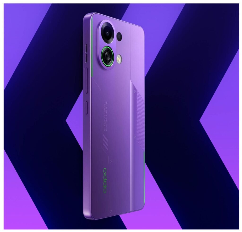 OPPO K13 Turbo 5G gaming smartphone front and back view showing design and display