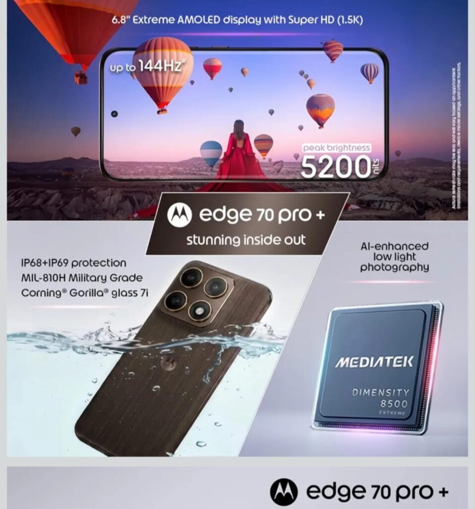 Motorola Edge 70 Pro Plus 5G in Pantone Zinfandel color showing quad curved AMOLED display and triple camera