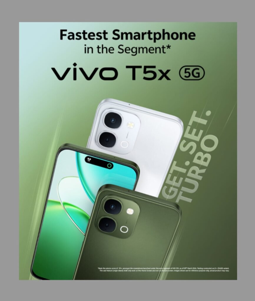 Vivo T5X 5G smartphone displaying 120Hz screen and sleek back design review on mobilegyan