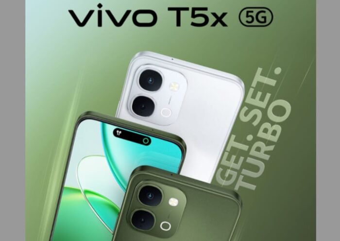 Vivo T5X 5G smartphone displaying 120Hz screen and sleek back design review on mobilegyan