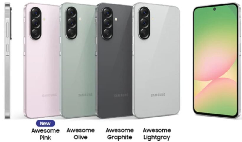 Samsung Galaxy A56 5G smartphone displaying 6.7 inch Super AMOLED screen and triple camera setup review on mobilegyan