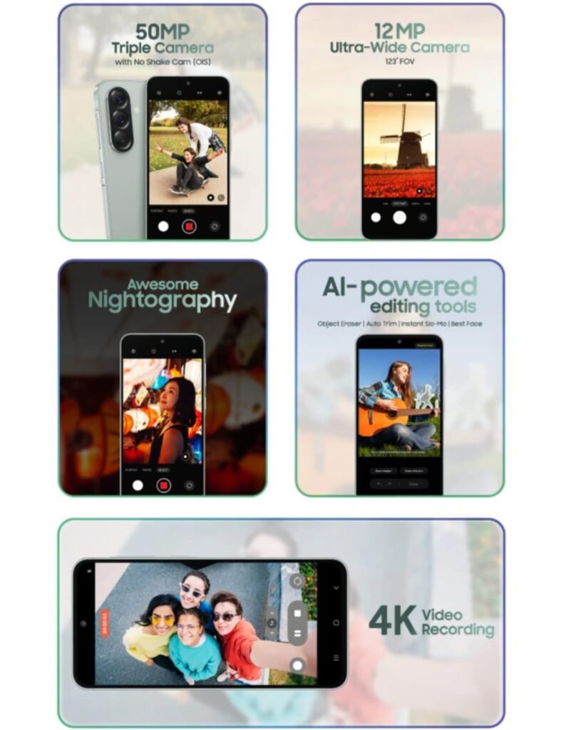 Samsung Galaxy A56 5G smartphone displaying 6.7 inch Super AMOLED screen and triple camera setup review on mobilegyan