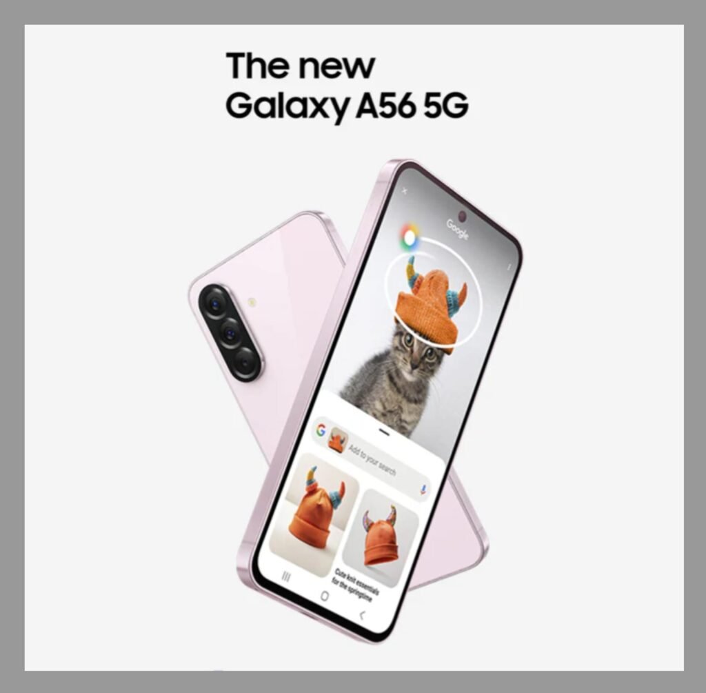 Samsung Galaxy A56 5G smartphone displaying 6.7 inch Super AMOLED screen and triple camera setup review on mobilegyan